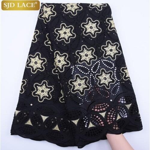 SJD LACE Black African Lace Fabric High Quality Punch Cotton With Stones Swiss Voile Lace In Switzerland For Party Wedding A1836
