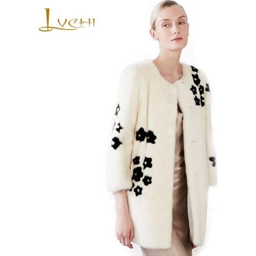 LVCHI Winter 2019 Import Swan Mink Fur Real Natural Fur Coat Loss Three Quarter O-Neck Medium Print Black Floral Mink Fur Coats