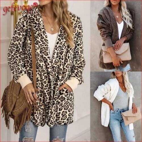 Leopard Print Autumn Winter Women 2021 Fashion Streetwear Casual Warm Plush Loose Hooded Coat Outwear Ladies Long Sleeve Jackets