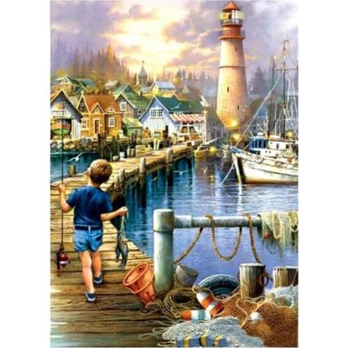 Full Square Drill 5D DIY Fishing Boy Kid Tower Scenery" Embroidery Cross Stitch Lighthouse Decor Gifts Diamond Painting FC766