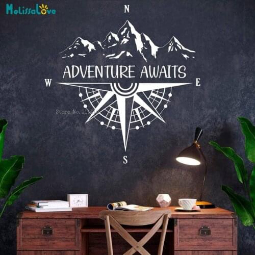Adventure Awaits Mountain With Compass Wall Stickers Travel Vinyl Home Decor Nautical Art Decal Removable YT6271