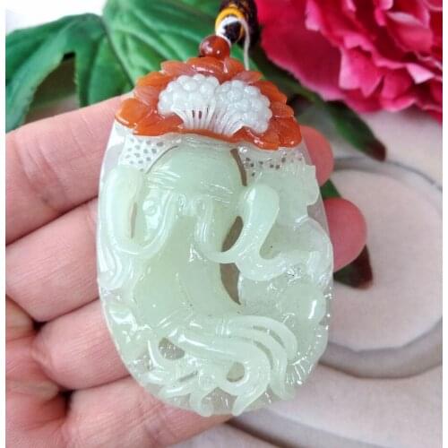 Natural Exquisite Shandong Xiuyan Translucent Dark Green Jade Hand Carved Jadite Panax Pendant Ginseng Amulet Necklace Nice