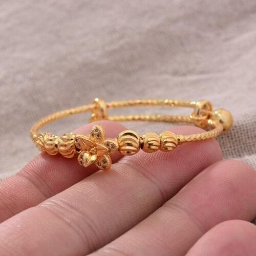 24K 1pcs Flower Gold Color Dubai Bangles For Boys Girls Luxury Bangles Bracelet Women Girl Bride Dubai Bangles Child jewelry