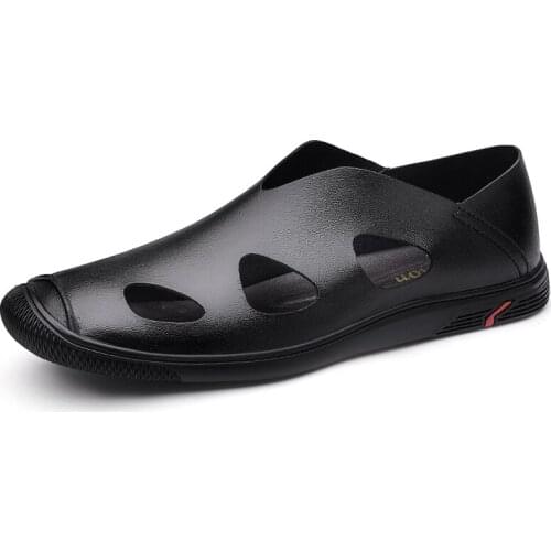 Summer Genuine Leather Mens Sandals Breathable Hollow Out Classic Flat Male Casual Sandals Homme Slippers Beach Shoes Antiskid