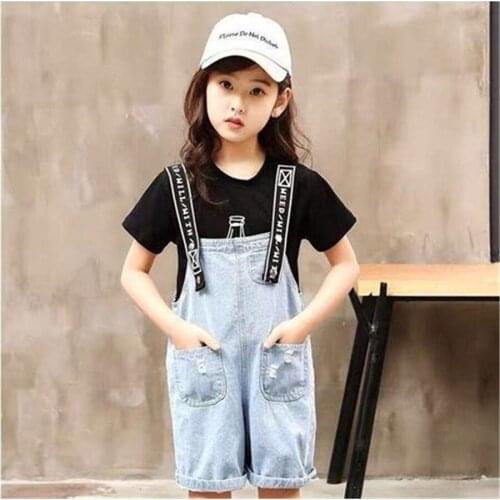 Girls Short Ropmpers Overalls for girlsDenim Summer Casual Loose Jeans Shorts Playsuits Plus Size Denim Jumpsuits 2ps set