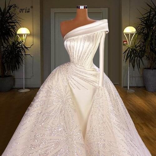 Dubai Ivory Mermaid Wedding Dress with Overskirt 2021 One Shoulder Luxury Beaded Sequins Long Bridal Gowns robe témoin mariage