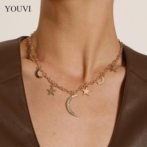 YOUVI Bohemian Moon Star Pendants Necklace For Women Gold Color Vintage Clavicle Chain Necklaces Geometry Chokers Jewelry Gift