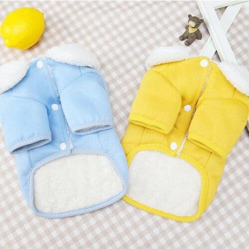 Yellow Blue Poacket Design Long Plush Warm Dog Clothes Winter Fleece Lapel Collar Cat Dog Coat Jacket Ticken Pet Costume Jacket