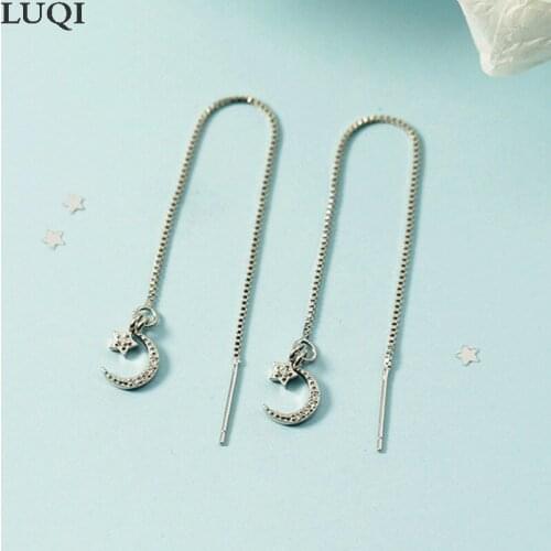 Womens Fashion S925 Silver Plated White Gold Micro Inlaid Zircon Star and Moon Pendant Temperament Stud Earrings 789