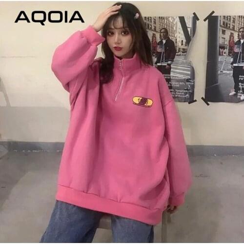 2020 Winter Streetwear Printing Womens Sweatshirt Hoodies Stand Neck Oversize Sweatshirts Women Autumn Warm Female Pullovers
