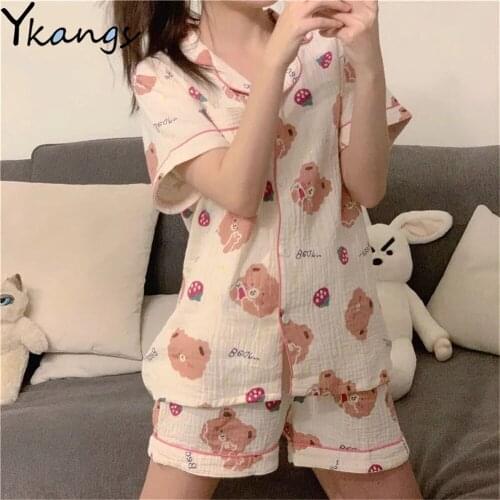 Cotton Strawberry Pajamas For Women Kawaii Suits With Shorts 2pcs Set Summer 2021 Pijama Funny Bear Print Sleepwear Cute Pyjamas