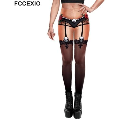 FCCEXIO Women Sexy Tight Leggings Skull Lace Pattern 3D Print Trousers High Elastic Hip-Lift Push Up Fitness Leggings Soft Pant