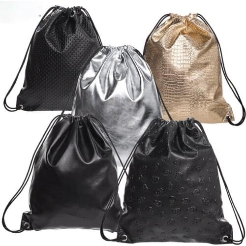 Womens Skull PU Leather Drawstring Backpack Gym Travel String Bag Casual Daypack School Bags