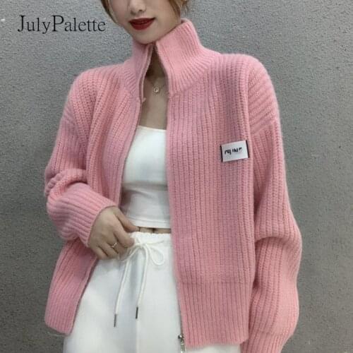 JulyPalette Fashion Zipper Cardigan Coats 2021 Women Loose Knitting Sweater Korean Solid Stand Collar Long Sleeve Knit Cardigan