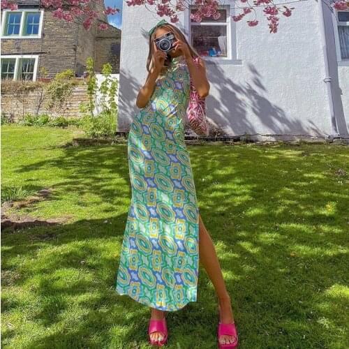 Sexy Backless Dress 2021 Summer Print Sleeveless Vintage Off-the-shoulder Split Green Dresses Womens Beach Party Evening Dress