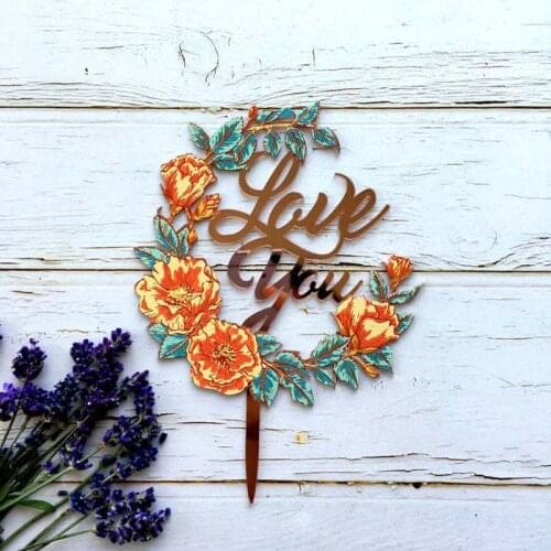 Gold Valentines Day Acrylic Cake Topper Flower "Love you "Wedding Cake Topper for Valentines day Wedding Party Cake Decoration