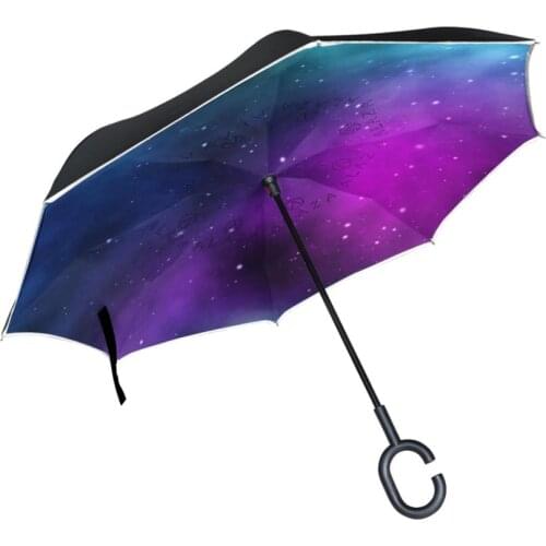 Reverse Inverted Sun Rain Umbrella Galaxy Stars Universe Space Reversible Umbrellas for Car Outdoor Use with C-Shaped Handle
