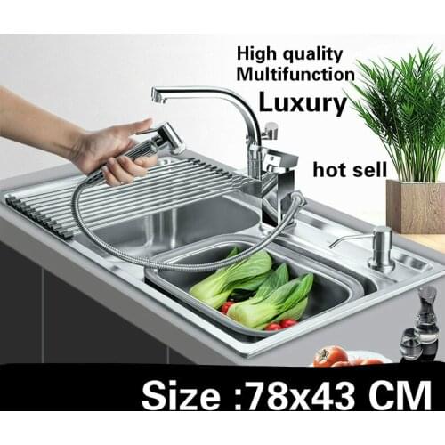 Free shipping Home multifunction vogue capacity wash vegetables kitchen double groove sink 304 stainless steel big 780x430 MM