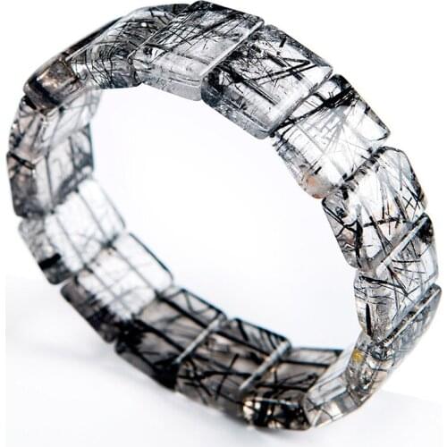 Genuine Natural Black Rutilated Quartz Bracelets Women Men Stretch Rectangle Bead Crystal Power Bracelet Bangle