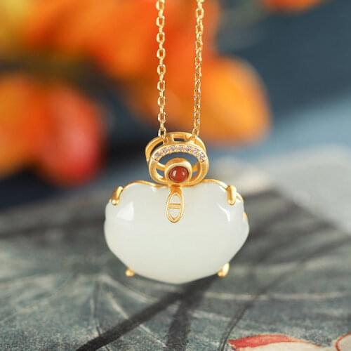 S925 Sterling Silver Gold Natural Hetian Jade Ancient Charm Auspicious Longevity Lock Sweater Chain South Red High Sense Necklac