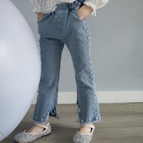 Childrens Jeans 3-8 Years Baby Girls Trousers 2021 Spring New Kids Girls Fashion Split Pearl Boot Cut Jeans Kids Flares Pants