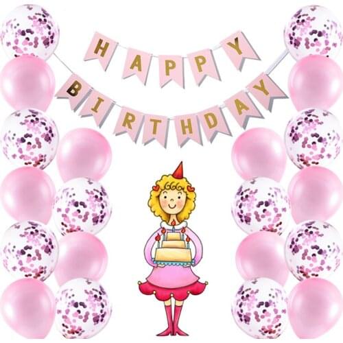 Cartoon Figure Confetti Glitter Girl Balloon Kids Birth 20pcs Latex Globos Pink Ballons Sets with HAPPY BIRTHDAY Banner