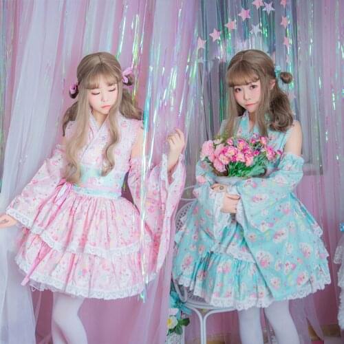 Lolita GokuRakuJoudo Kimono Yukata Maid Tops Dress Uniform Outfit Anime Cosplay Costumes women dress