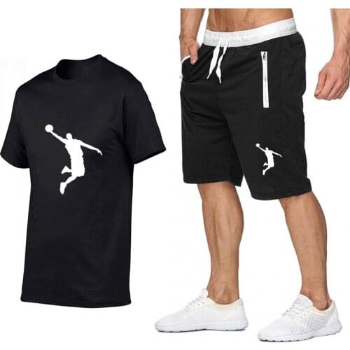 Mens summer T-shirt set 2 pieces of sportswear basketball suit fitness short-sleeved + shorts suit O-neck cotton short-sleeved