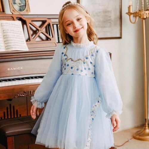 Lovely Sweet Dress For Girls Fashion Puff Sleeve Loose Mesh Hem Ball Gowns Children Birthday Wedding Prom Party Clothing 3-12Y