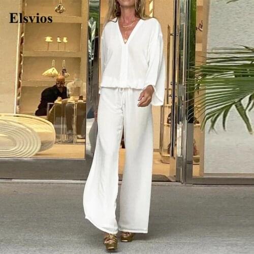 Fashion Solid Pullover Tops+Drawstring Pants Home Suits Female Casual Simple Tracksuits Sexy V Neck Women Two Piece Sets Outfits