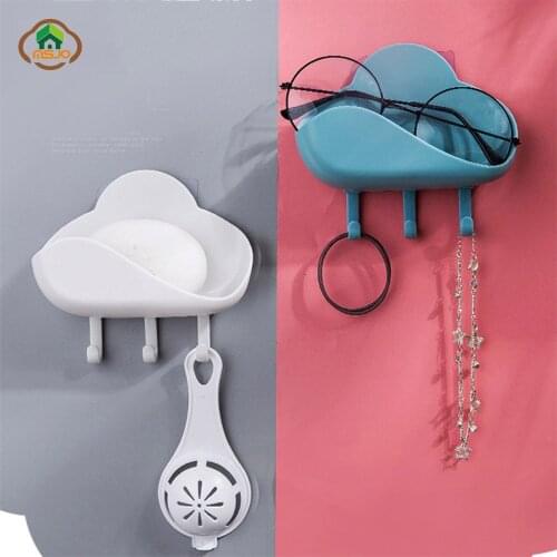 MSJO Bathroom Decor Soap Dish Rack No Drilling Wall Mounted Soap Holder Hook Sponge Dish Organizer Storage Bathroom Accessories