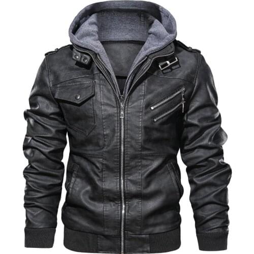 Leather jacket autumn winter men youth slim hooded PU jacket velvet thick fleece liner Outerwear Long Sleeve Multi-pocket Coats