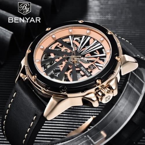 Benyar 2021 New Mens Automatic Mechanical Business Watch Gyro Motion Two-sided Hollow Waterproof Night Light Watch Reloj Hombre