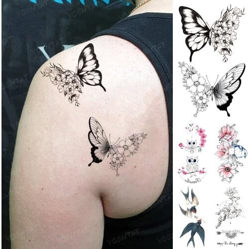 Butterfly Waterproof Temporary Tattoo Sticker Feather Wings Realistic Tatoo Arm Shoulder Back Black Tatto Man Woman Glitter Tato