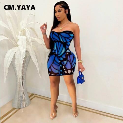 CM.YAYA Butterfly Print Strapless Midi Dress Sexy Club Night Party Bodycon Midi Pencil Summer Dresses