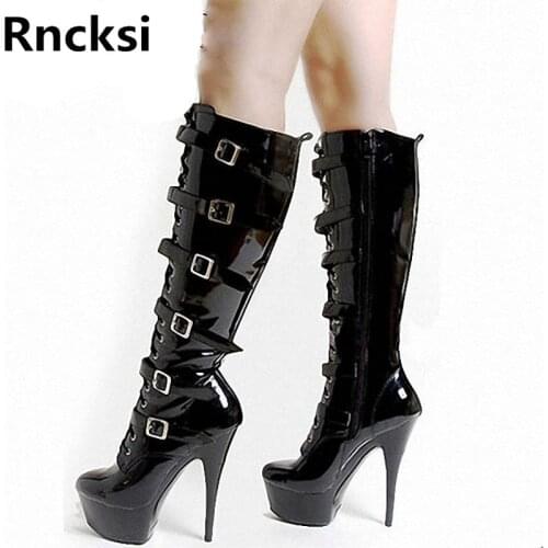 Rncksi Buckle Girl Night Club Party Queen Platform Wedding Party Womens Boots Dance Shoes 15cm Heels High Knee High Boots
