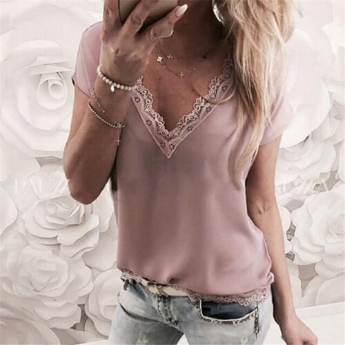 2020 Sexy Tops Women Short Sleeve Loose T Shirt Summer Ladies Casual V-neck Tees Top Pure Color Lace Patchwork T-Shirt