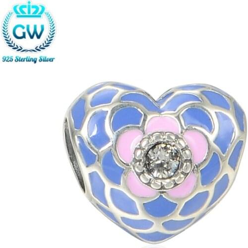 Silver 925 Heart Flower Charms High Quality Blue Enamel Pendant Love Beads & Jewelry Making Bracelets Bangles For Women D105D