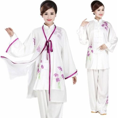 Custom Made Womens Girls Rayon Tai Chi Kung Fu clothing Painted Taiji Wushu Suits With Mantillas Three-Pieces Set