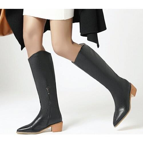 2021 Western Boots Women Pu Leather Knee High Boots Autumn Winter Square Low Heel Long Boots Fashion Zipper Shoes Big Size 34-45