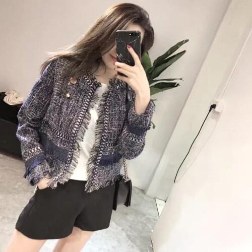 2018 womens spring and autumn fashion new Korean version of the cardigan short paragraph wild Slim Tweed tassel jacket TB181005
