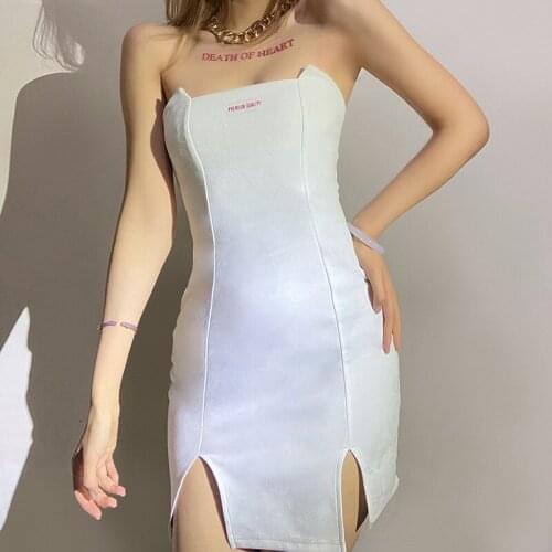 Women White Dress Sexy Strapless High Waist Split Mini Dress Letter Decoration Summer Y2K Bodycon Dress Slash neck Vestidos