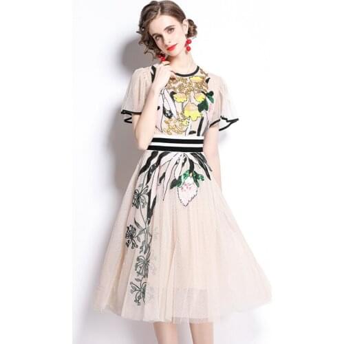 Fashion Sequined Flower Embroidery Dress 2021 Summer Women Flare Sleeve O Neck Dot Mesh Midi Party Celebrity Dress ka358