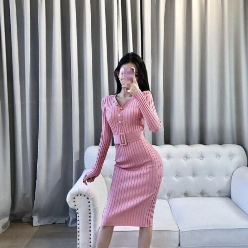 C3199 2021 Spring new women fashion temperament elegant sexy V-neck long sleeve knit dress female cheap wholesale