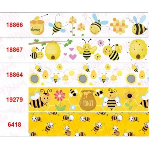 16mm-75mm Cartoon Bee Series Flower Geometric Check Printed Grosgrain/Elastic Ribbon DIY Home Decor Hair Bowknot 50yards/roll