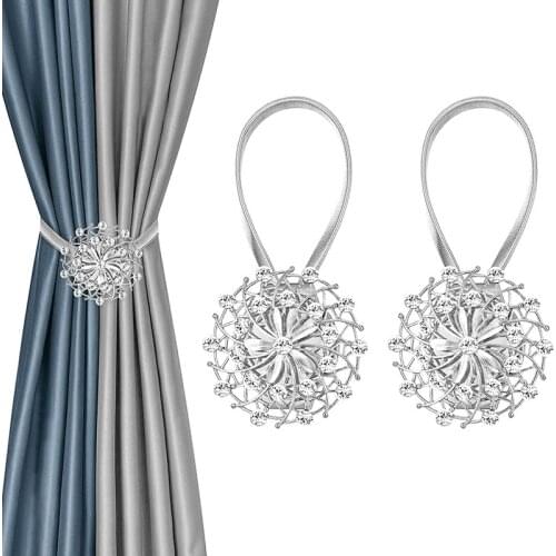 2 PCS Magnetic Curtain Tiebacks, Curtain Holdbacks Magnetic Crystal Flower Window Curtain Decorative No Drilling