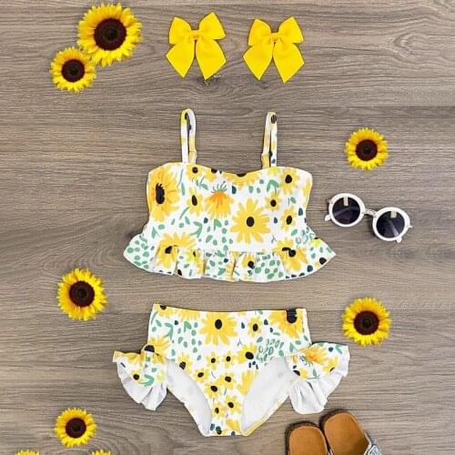 4# Childrens swimwear Baby Kids Girls Ruffle Sunflower Print Straps Swimsuit Tops Shorts Swimwear Set купальник для девочек
