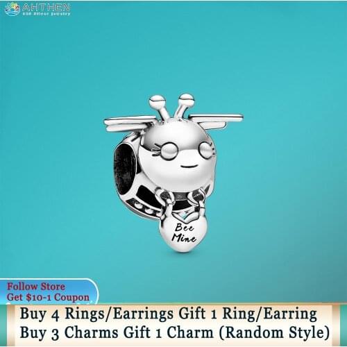 Ahthen 925 Sterling Silver Beads Bee Mine Charms fit Original Pandora Bracelets Women DIY Mothers Day Jewelry Making Making