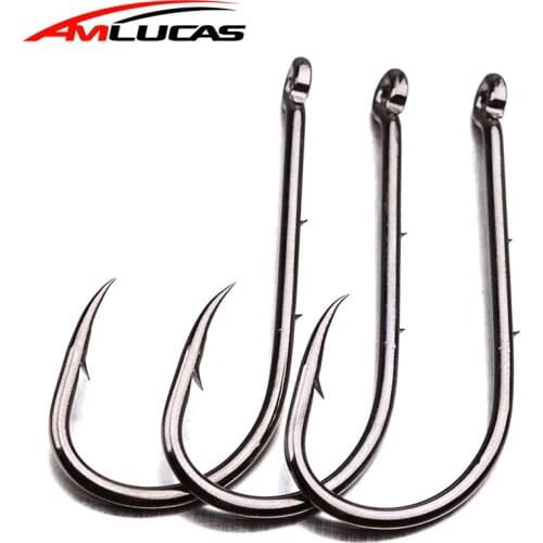 Amlucas 50Pcs/lot fishing hooks #1 #2 #3 #4 #5 #6 High carbon steel CarbonBlack Bait Jig Big Sea Fishing Tackle WE330
