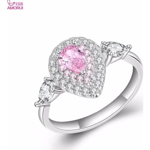 AMORUI Romantic Pink Love Silver Color Ring for Women AAA Zircon Waterdrops Engagement/Wedding Rings Gift Dropshipping